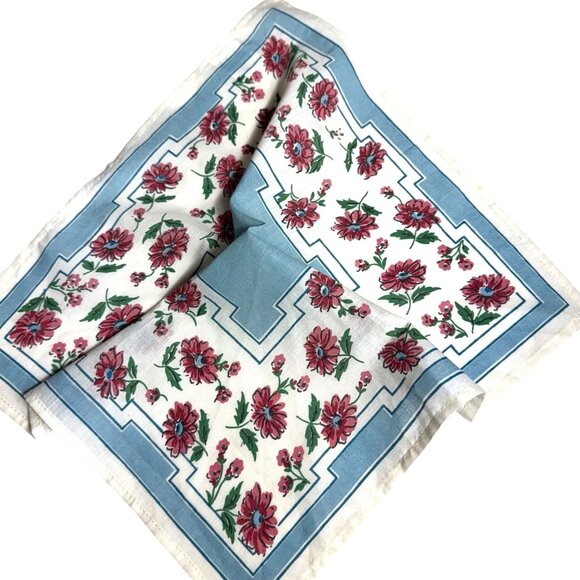 Cotton handkerchief hankie 13 in. by 12-1/4 in. White, Blue with Pink Flowers - Picture 2 of 9